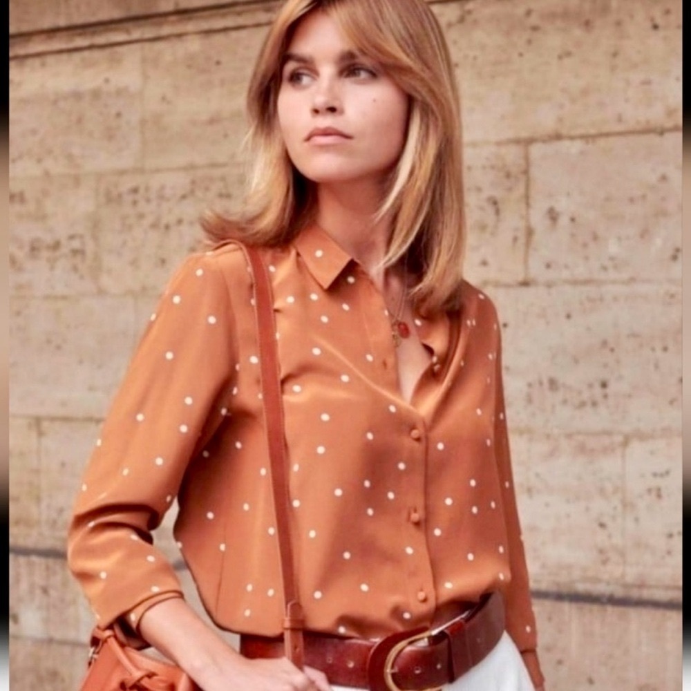 Sezane Silk Ann Button down blouse camel tan Polka Dot- light Brown Sz 36 4